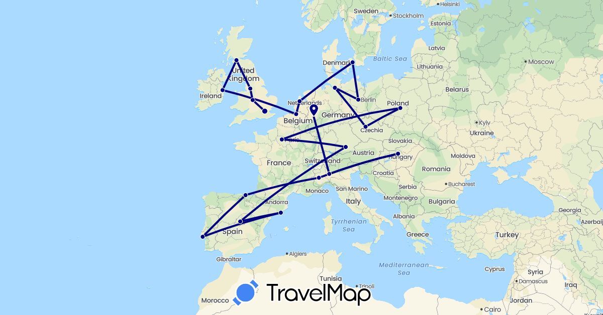 TravelMap itinerary: driving in Belgium, Czech Republic, Germany, Denmark, Spain, France, United Kingdom, Hungary, Ireland, Italy, Netherlands, Poland, Portugal (Europe)